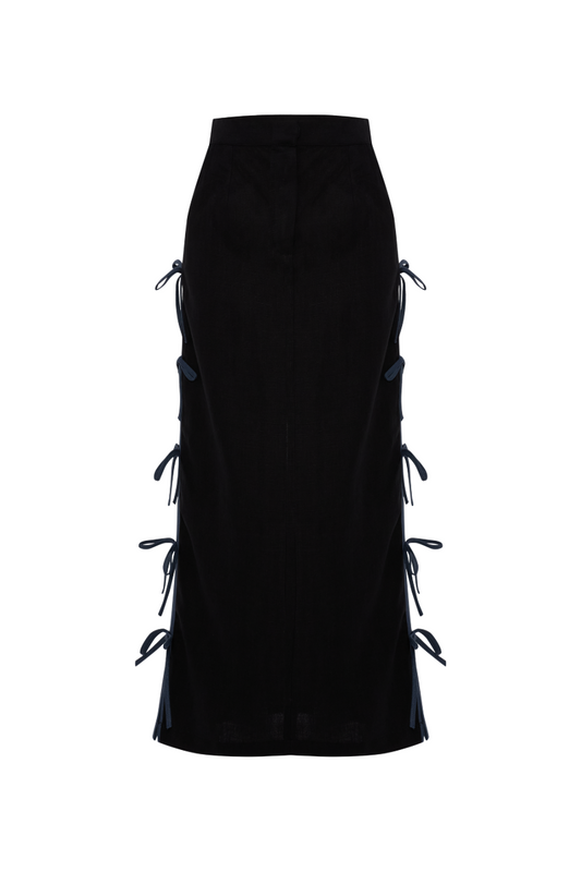 CAROLINA BLACK LINEN BOW MIDI SKIRT