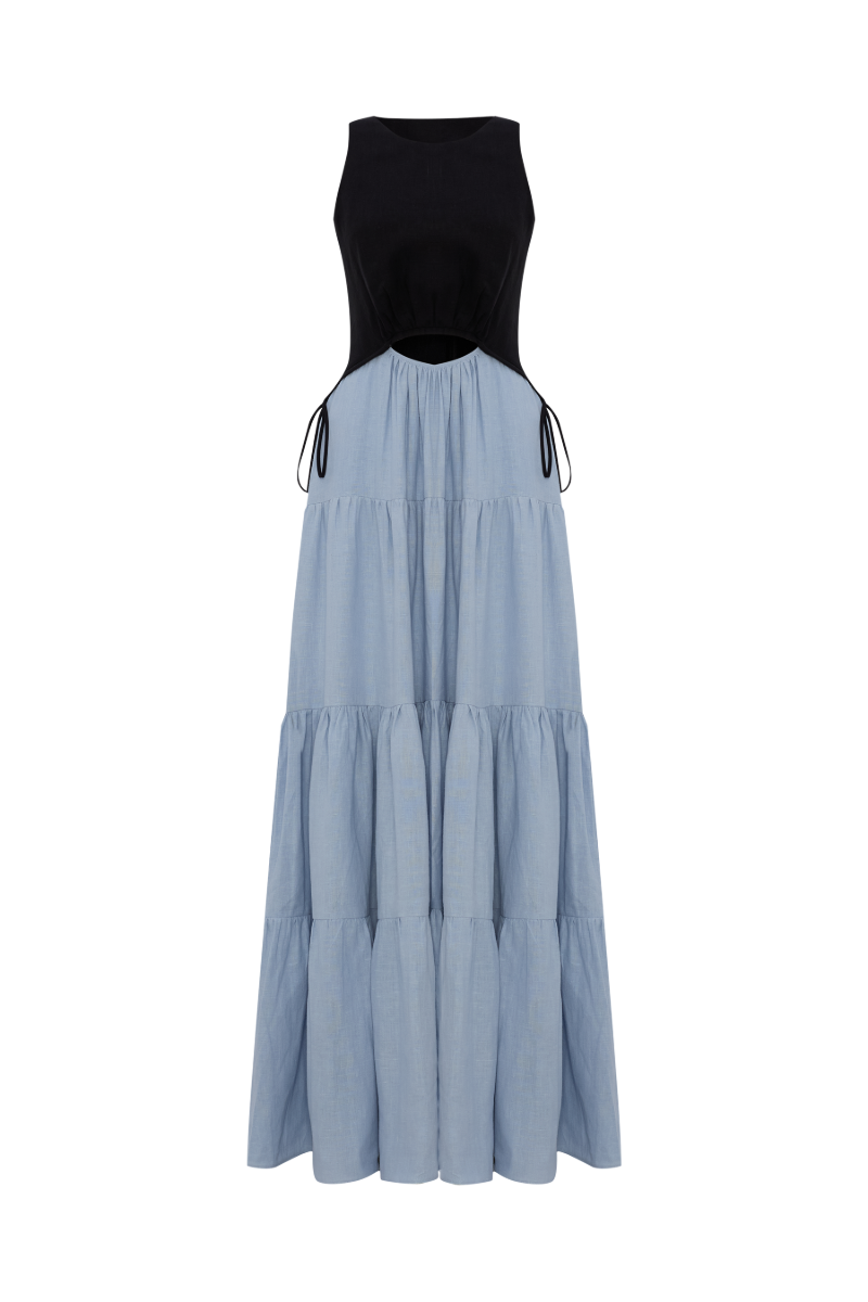 TAMSIN LINEN BLACK AND DUSTY BLUE SPLIT MAXI DRESS