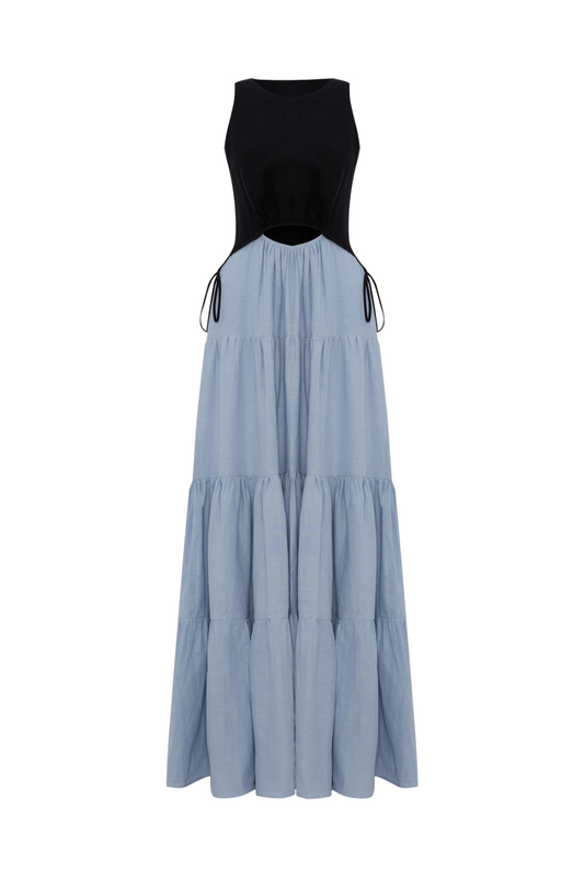TAMSIN LINEN BLACK AND DUSTY BLUE SPLIT MAXI DRESS