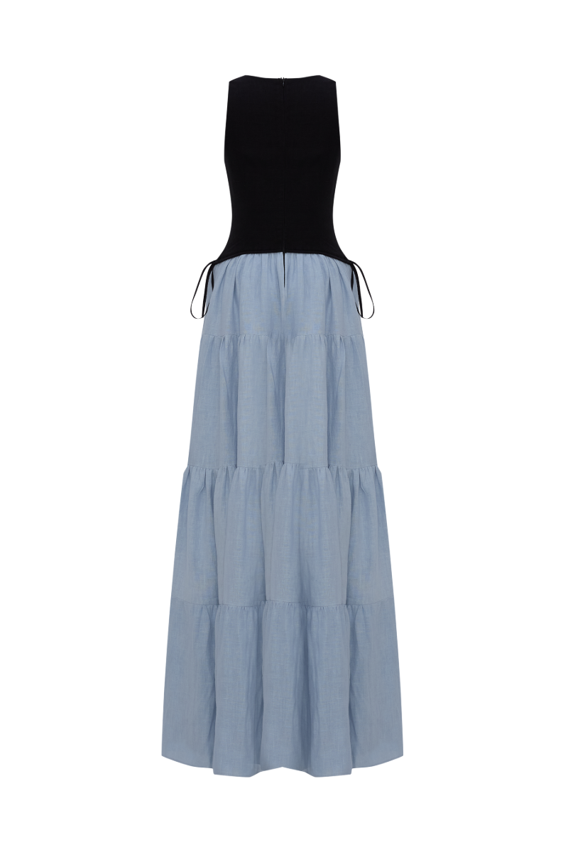 TAMSIN LINEN BLACK AND DUSTY BLUE SPLIT MAXI DRESS