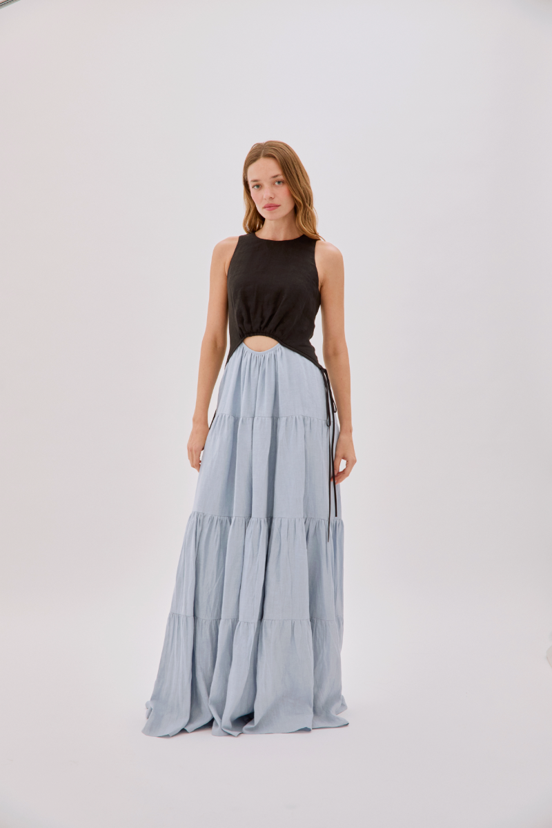 TAMSIN LINEN BLACK AND DUSTY BLUE SPLIT MAXI DRESS