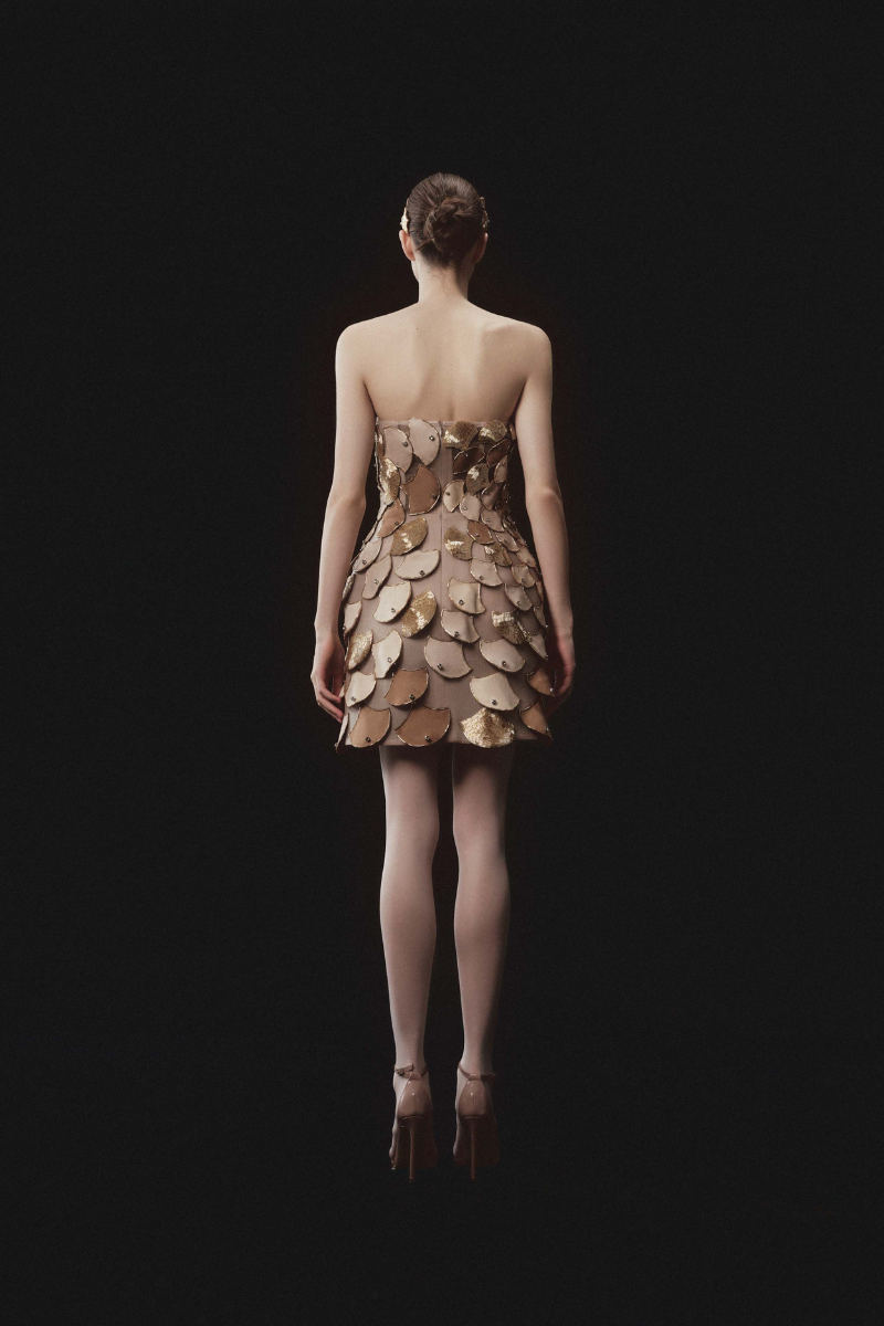 RADICALLY SCALED SLEEVELESS BUSTIER DRESS IN BEIGE