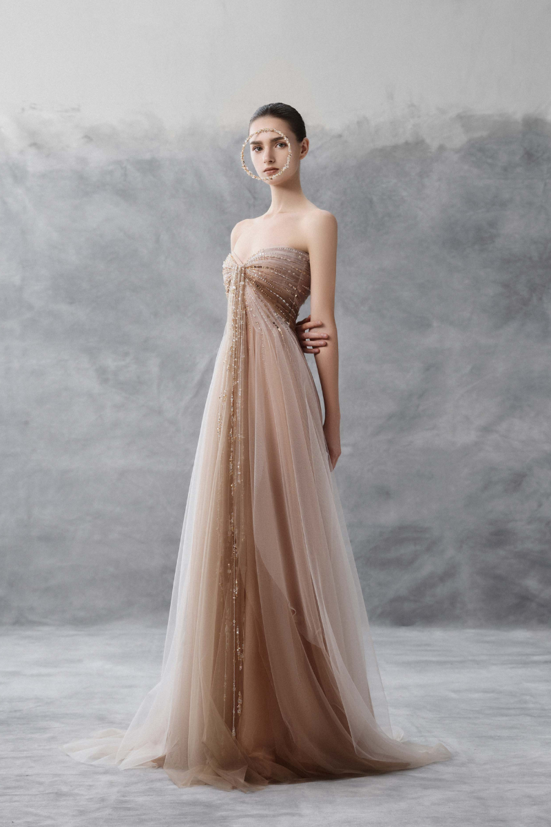 TULLE EMPIRE WAIST DRESS WITH DRAPING IN NUDE