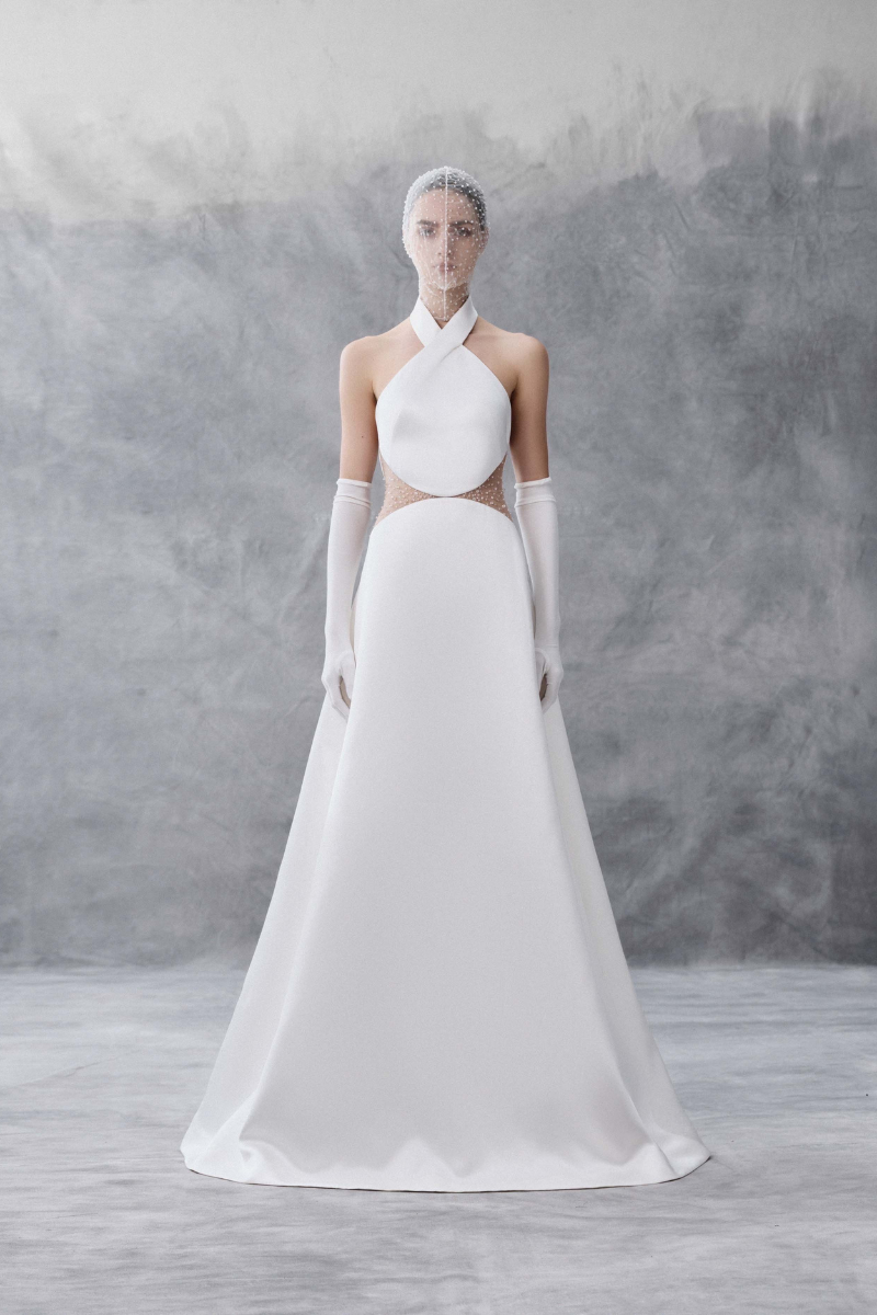 HALTERNECK A-LINE DRESS WITH CUTOUT MIDWAIST