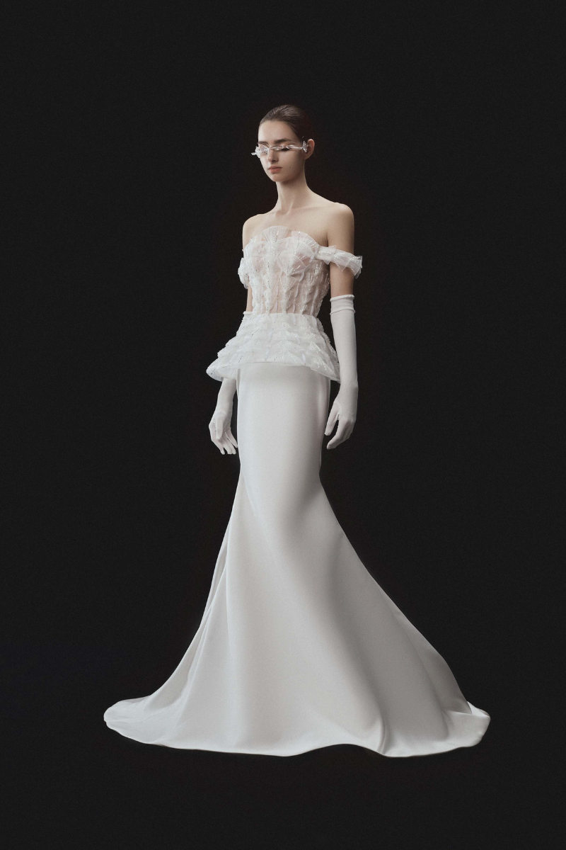 OFF-SHOULDER PEPLUM TRUMPET DRESS IN WHITE