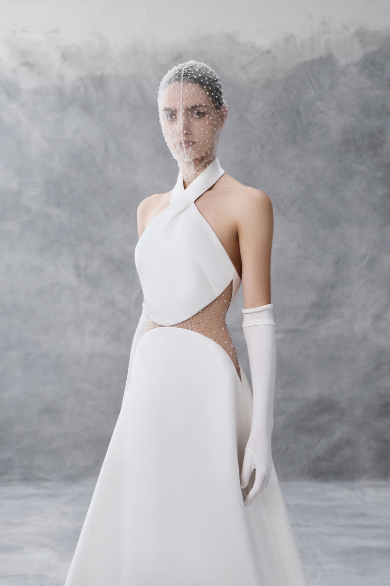 HALTERNECK A-LINE DRESS WITH CUTOUT MIDWAIST