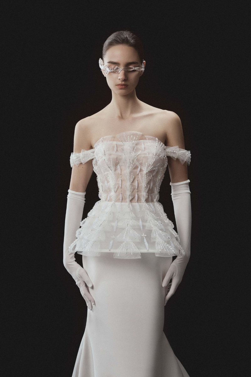 OFF-SHOULDER PEPLUM TRUMPET DRESS IN WHITE