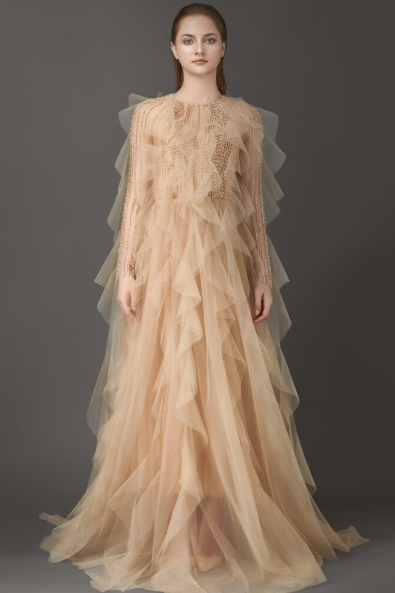 ETHEREAL RUFFLED TULLE GOWN WITH BEADED ELEGANCE