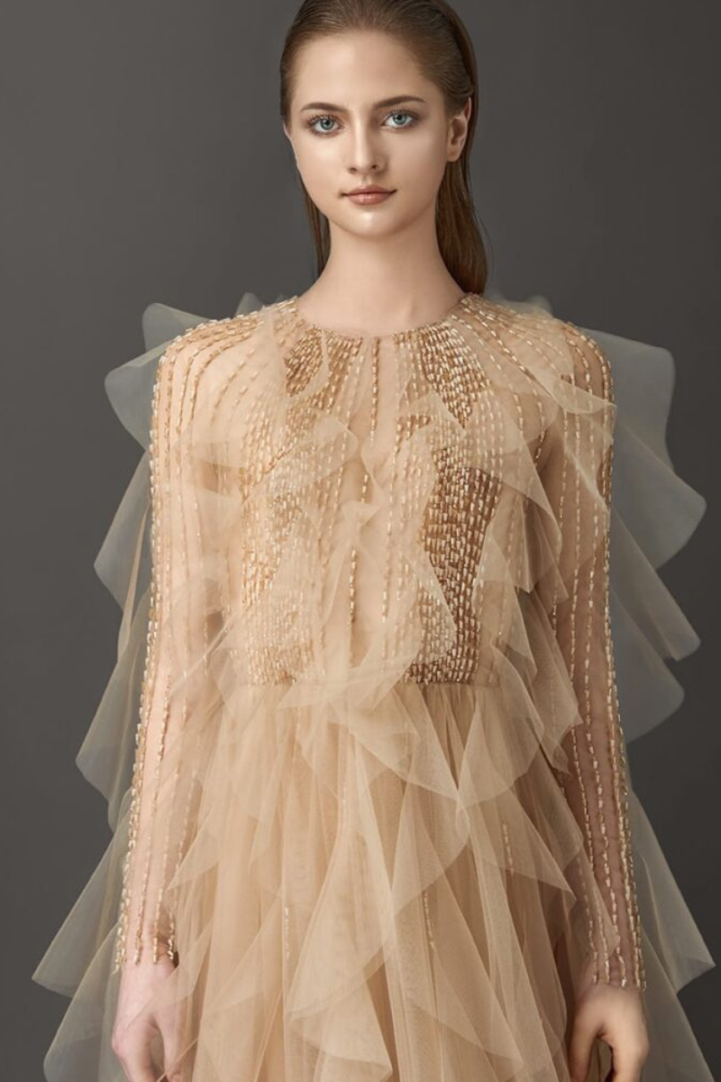 ETHEREAL RUFFLED TULLE GOWN WITH BEADED ELEGANCE