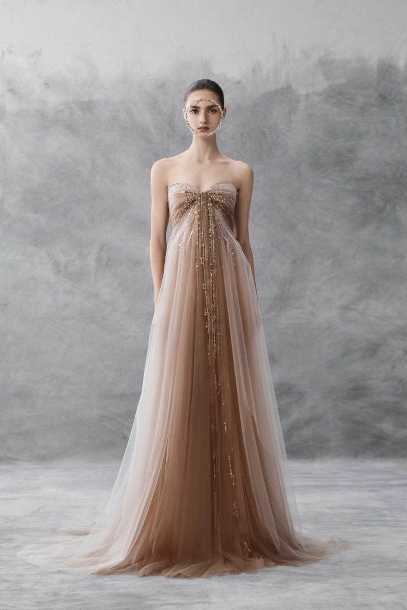 TULLE EMPIRE WAIST DRESS WITH DRAPING IN NUDE