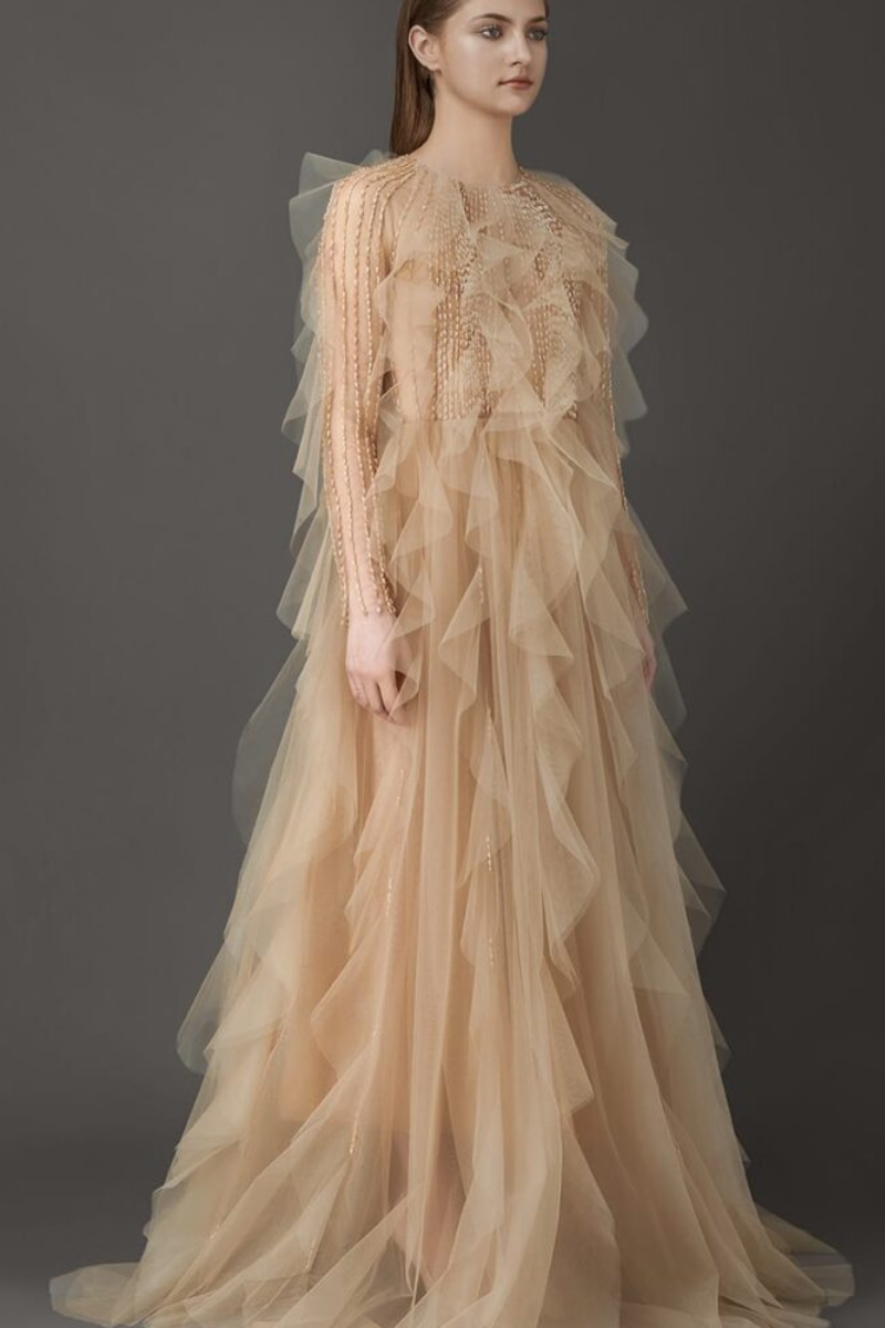 ETHEREAL RUFFLED TULLE GOWN WITH BEADED ELEGANCE