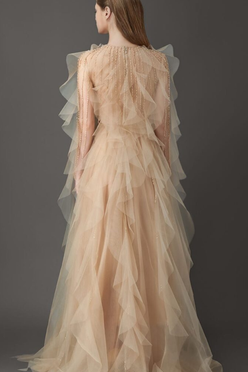 ETHEREAL RUFFLED TULLE GOWN WITH BEADED ELEGANCE