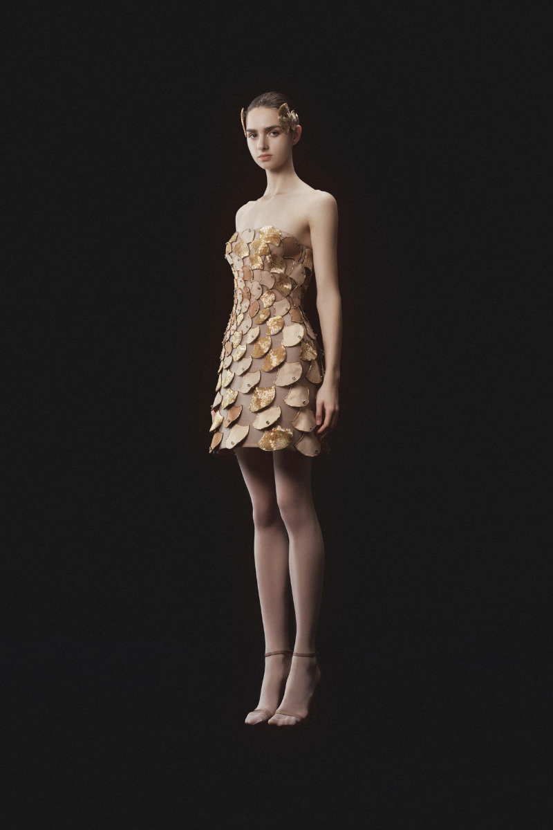 RADICALLY SCALED SLEEVELESS BUSTIER DRESS IN BEIGE