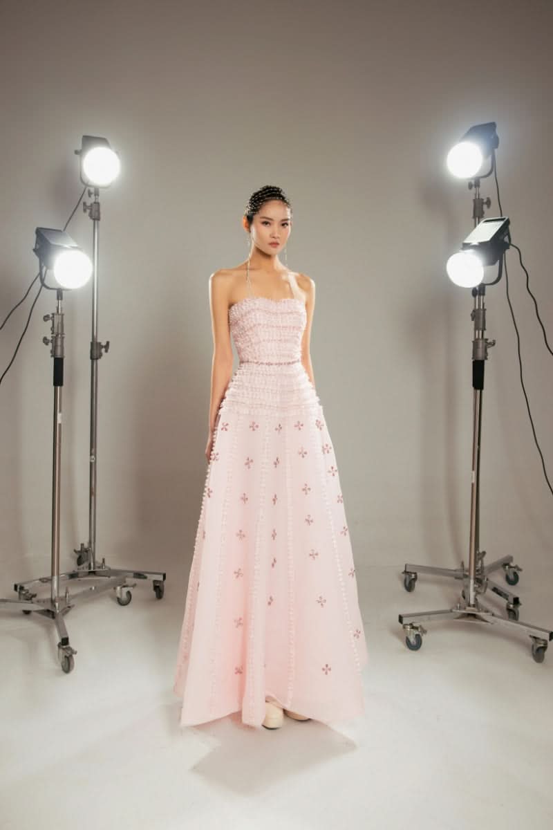 PINK CRYSTAL EMBELLISHED A-LINE MAXI DRESS
