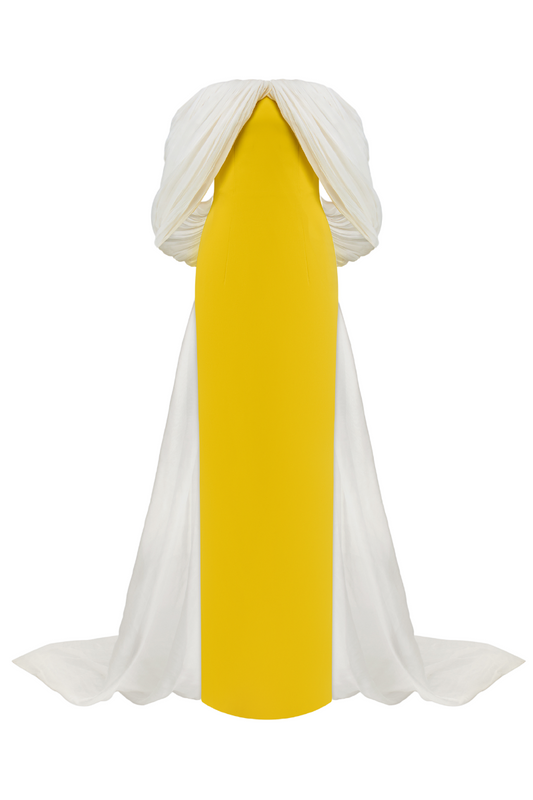 YELLOW AND WHITE TRAIN OFF-SHOULDER GOWN