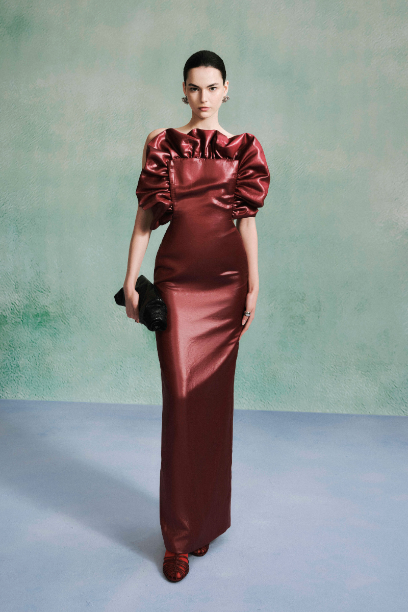 GARNET SCULPTED SILK CHIFFON DRESS