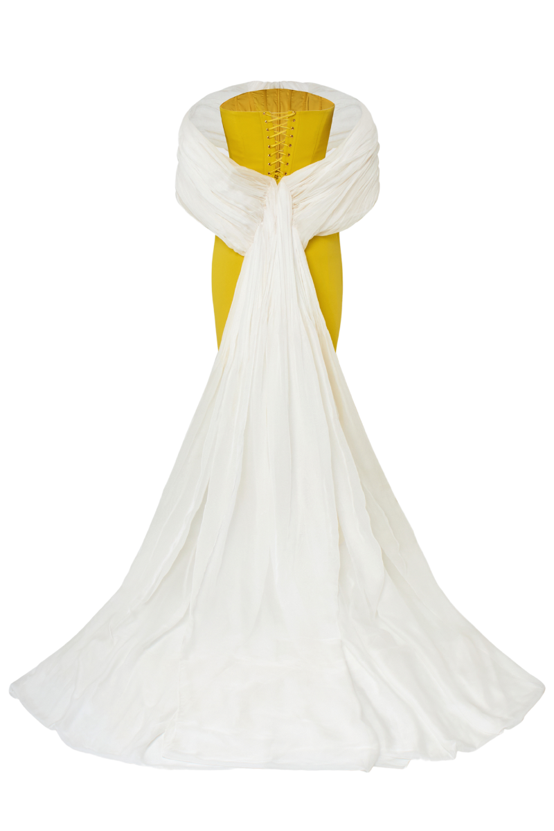 YELLOW AND WHITE TRAIN OFF-SHOULDER GOWN