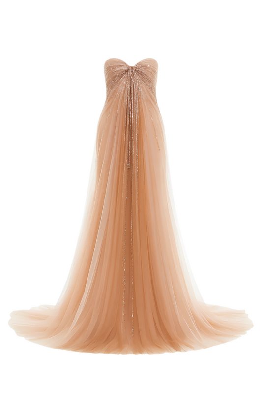 TULLE EMPIRE WAIST DRESS WITH DRAPING IN NUDE
