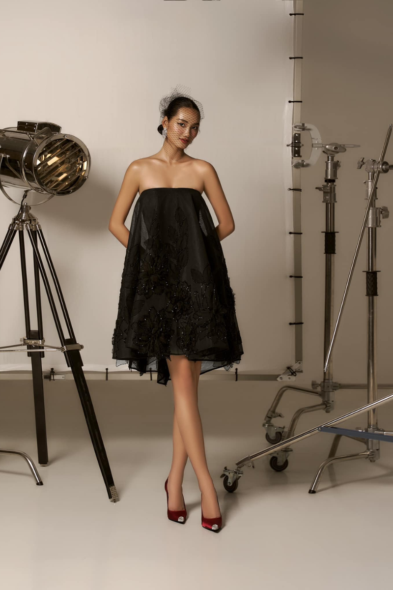 EMBELLISHMENT STRAIGHT ACROSS NECK TULLE MINI DRESS
