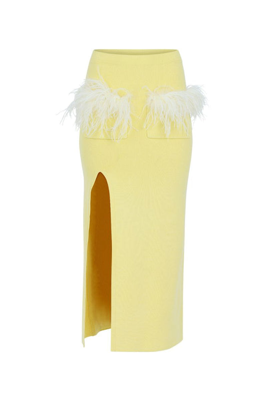 YELLOW VANILLA KNIT SKIRT WITH FEATHERS