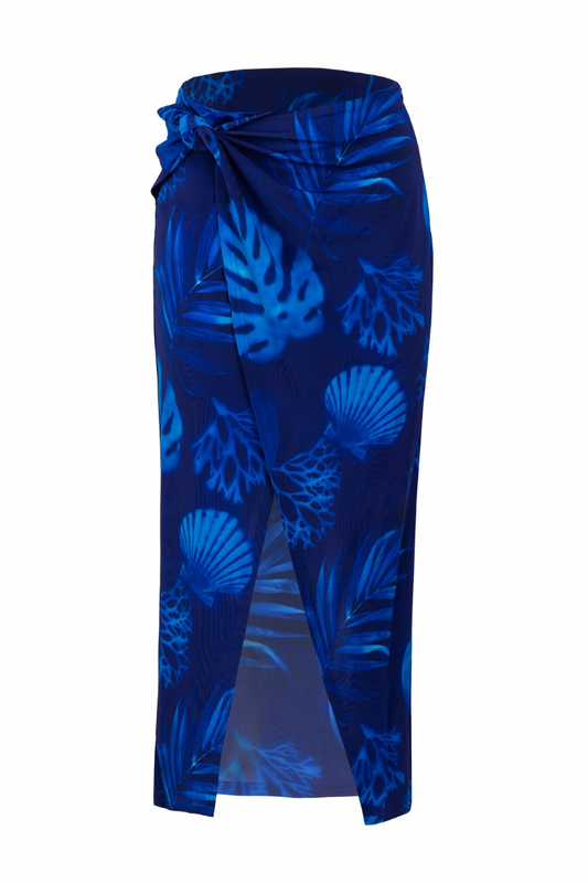 WRAP-STYLE MIDI SKIRT IN CYANOTYPE PRINT