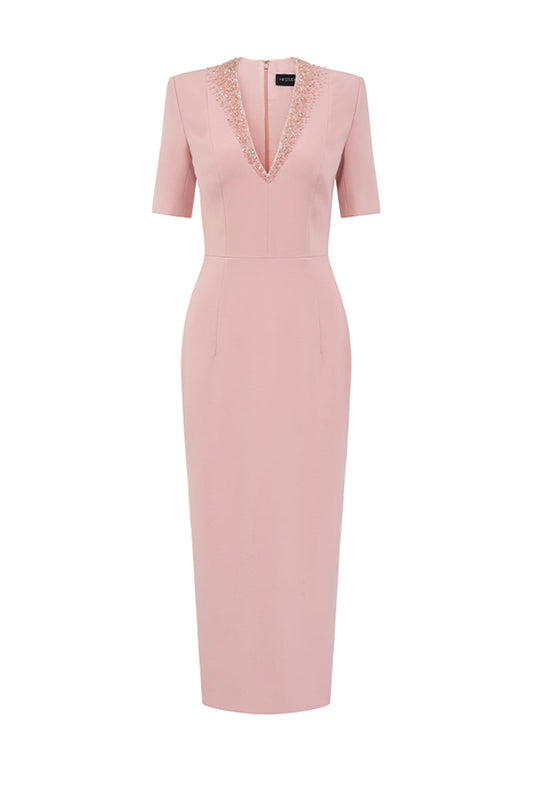 V-NECK KNEE LENGTH DRESS IN LIGHT PINK