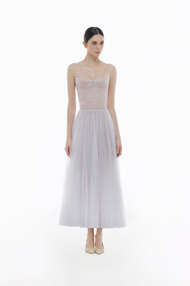VIOLET V-NECK DRAPED MIDI DRESS