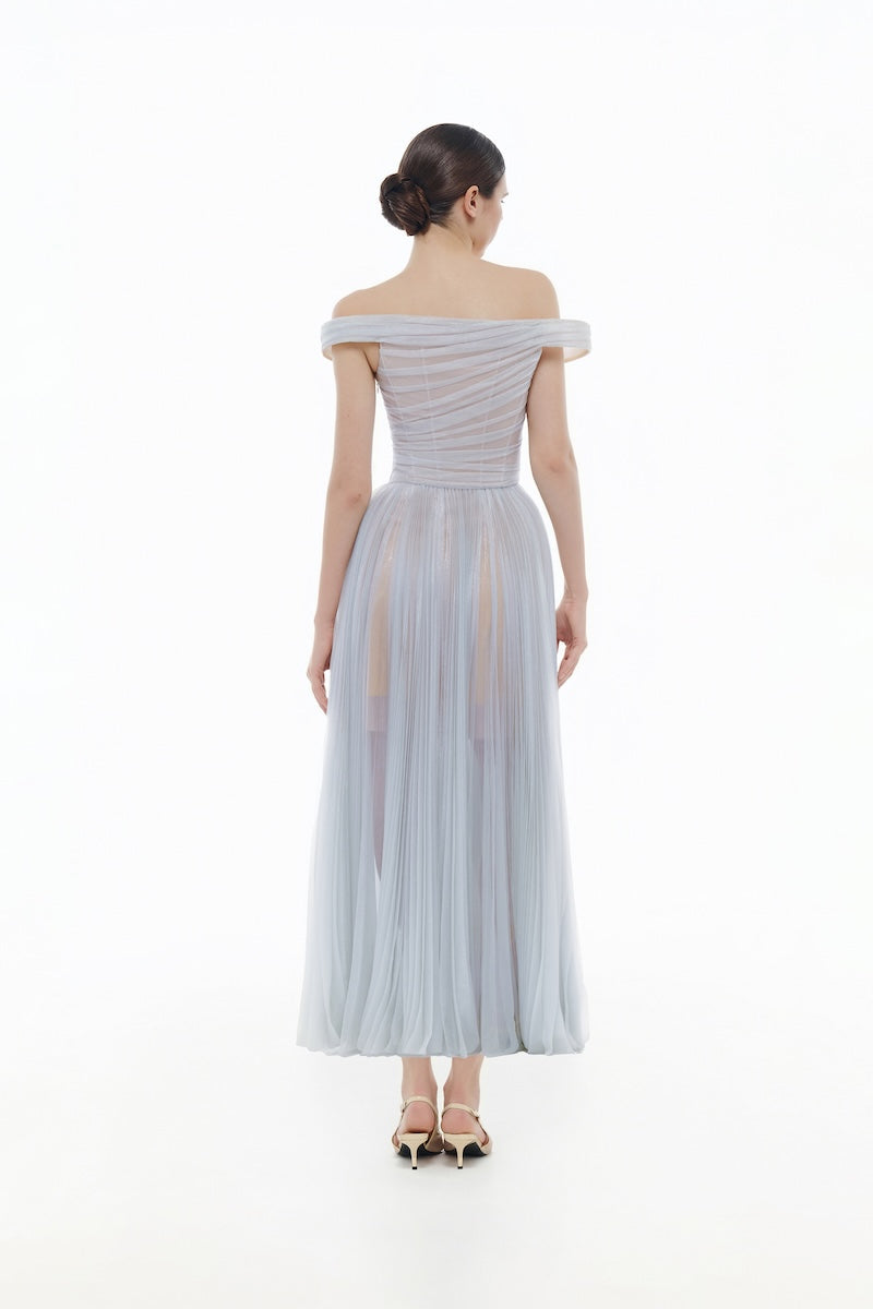 VIOLET OFF-SHOULDER MIDI DRESS