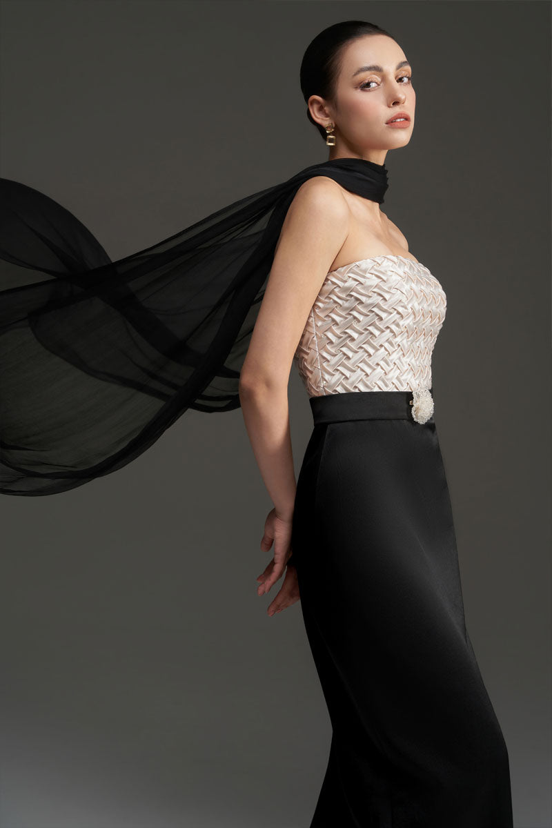 SMOCKING SILK AND SILK TAFFETA DRESS IN BLACK AND IVORY