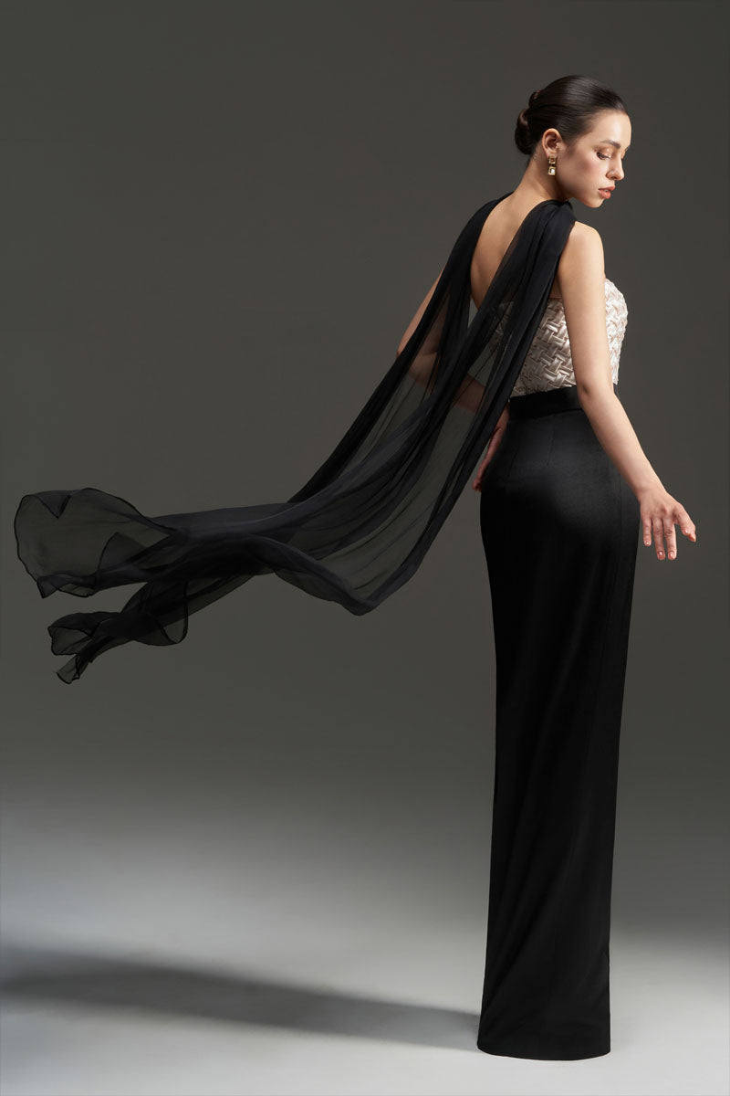 SMOCKING SILK AND SILK TAFFETA DRESS IN BLACK AND IVORY