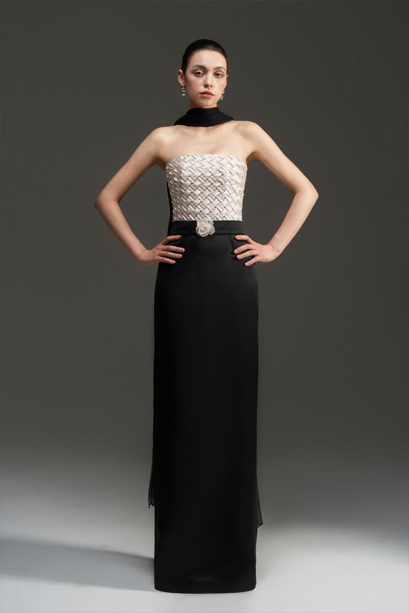SMOCKING SILK AND SILK TAFFETA DRESS IN BLACK AND IVORY