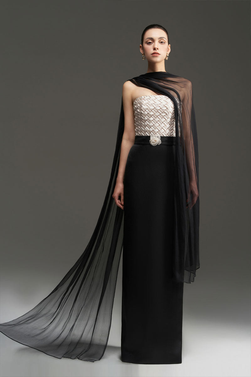 SMOCKING SILK AND SILK TAFFETA DRESS IN BLACK AND IVORY