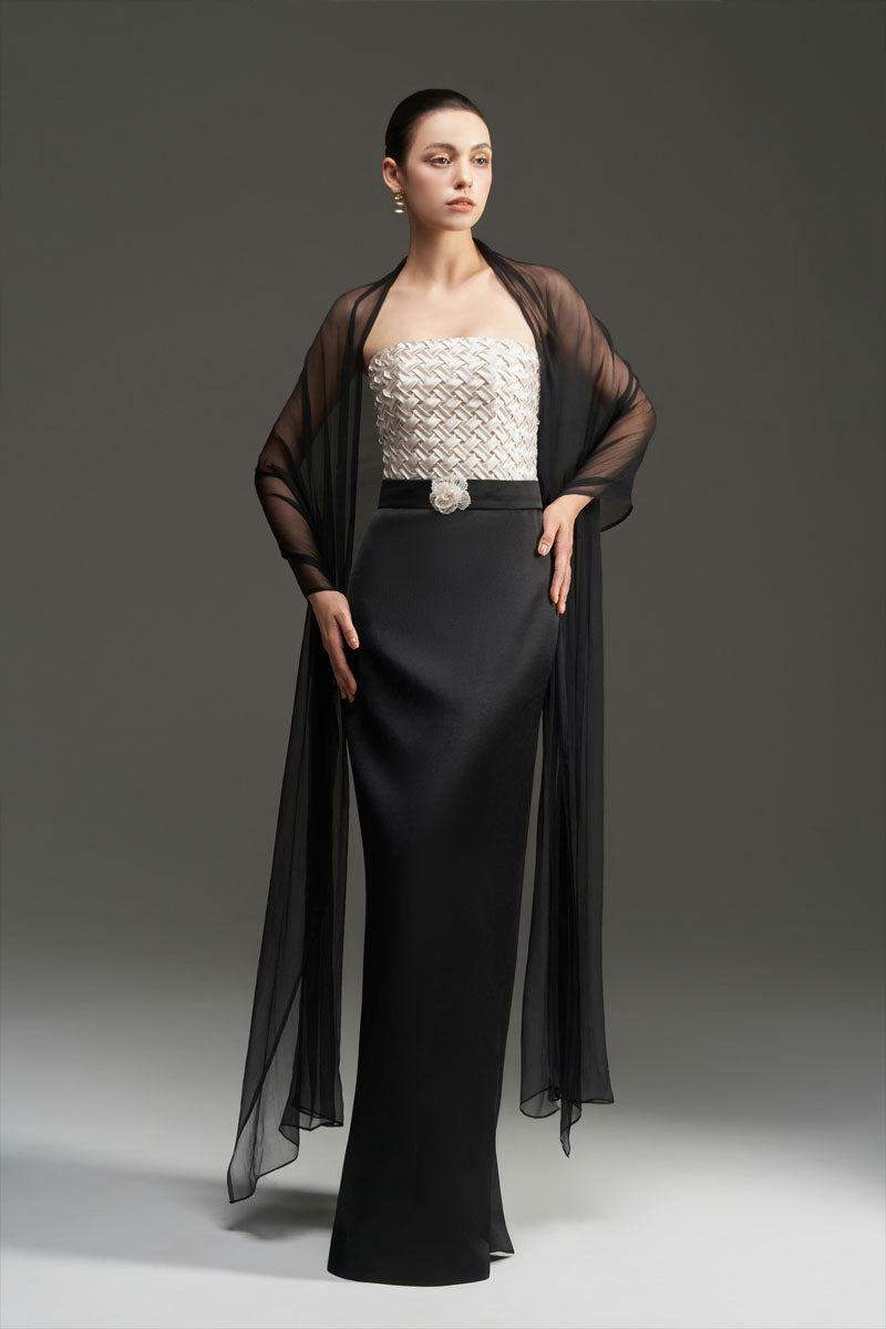 SMOCKING SILK AND SILK TAFFETA DRESS IN BLACK AND IVORY