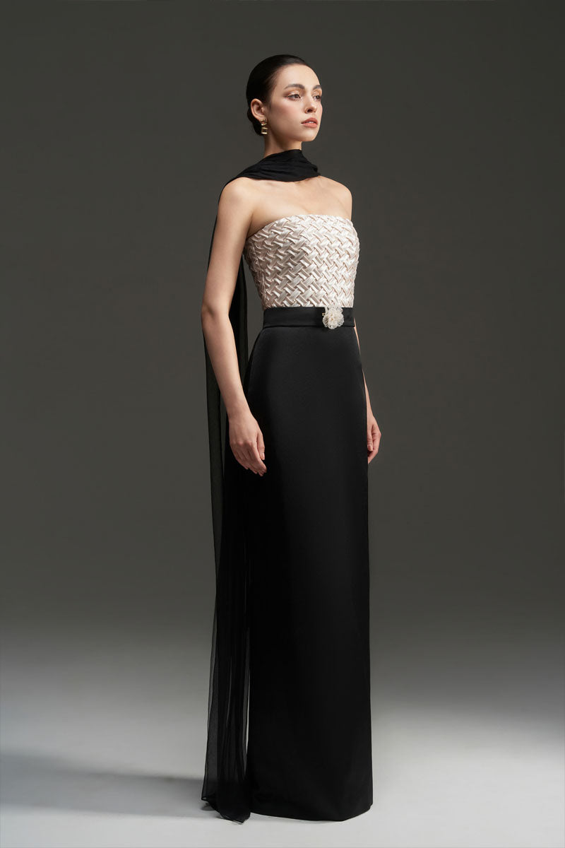 SMOCKING SILK AND SILK TAFFETA DRESS IN BLACK AND IVORY