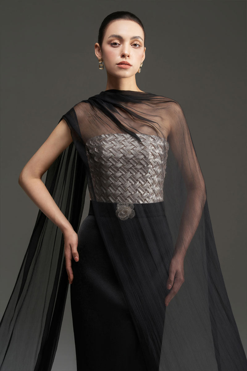 SMOCKING SILK AND SILK TAFFETA DRESS IN BLACK AND IVORY