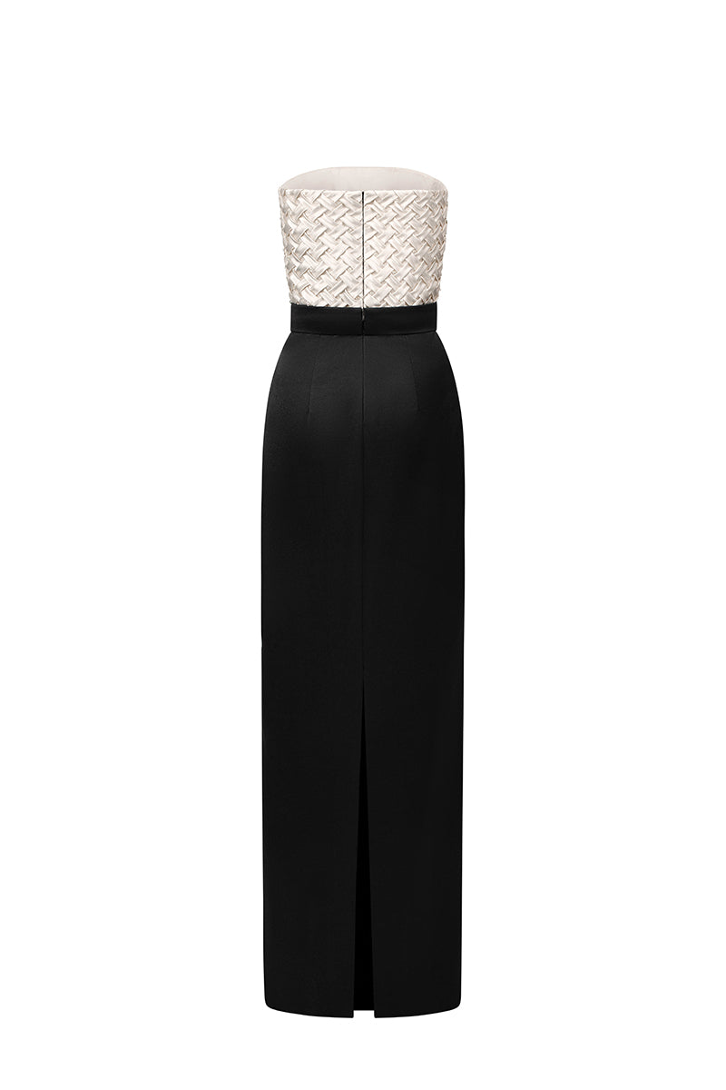 SMOCKING SILK AND SILK TAFFETA DRESS IN BLACK AND IVORY