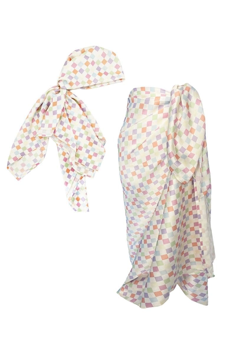 CHECKED CHARLOTTE SILK SQUARE SCARF AND ISLA SILK FRONT TIE PAREO SET