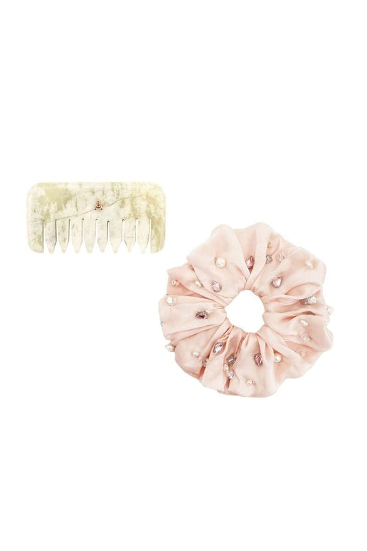 SOLVEIG PETITE COMB AND HARLOW EMBELLISHED OVERSIZED SILK SCRUNCHIE SET
