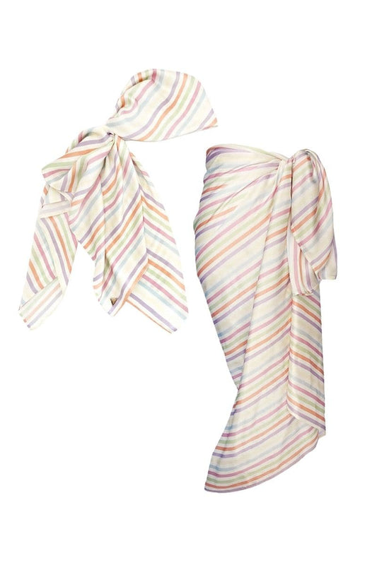 STRIPE CHARLOTTE SILK SQUARE SCARF AND ISLA SILK FRONT TIE PAREO SET