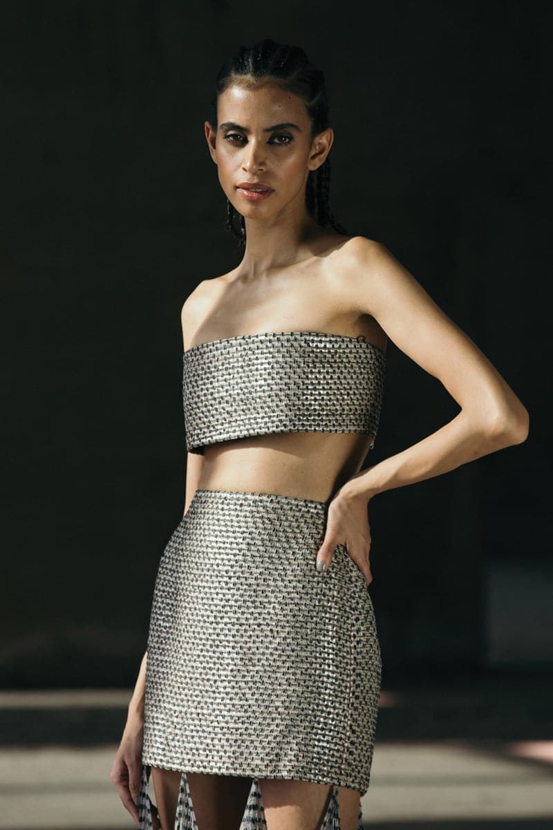 HAND-WOVEN SILK BLEND MAXI SKIRT WITH CHIFFON PANELS