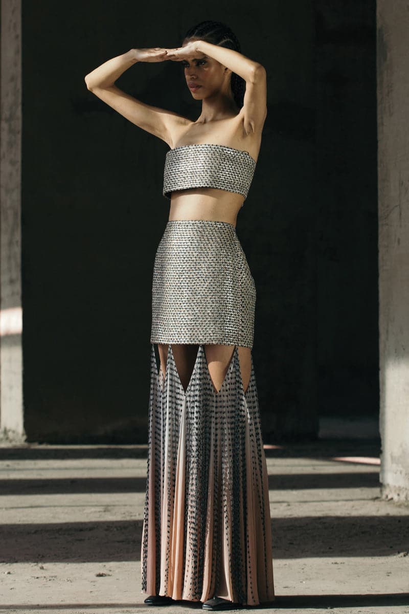 HAND-WOVEN SILK BLEND MAXI SKIRT WITH CHIFFON PANELS