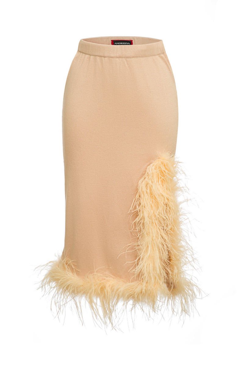 PEACH KNIT SKIRT-DRESS WITH FEATHERS