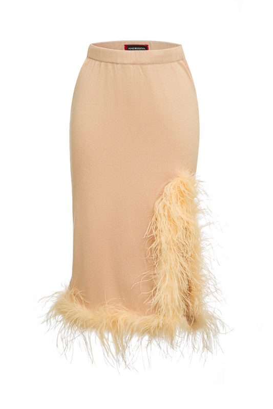 PEACH KNIT SKIRT-DRESS WITH FEATHERS