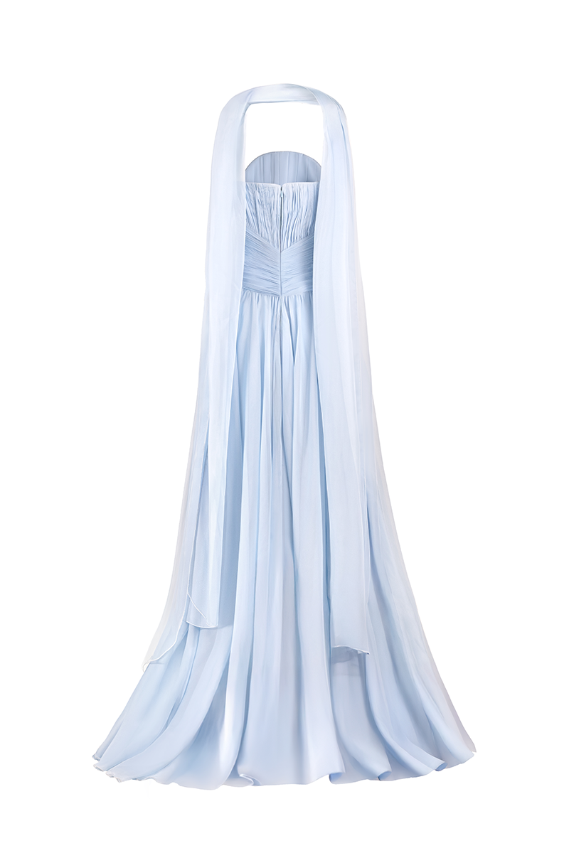 STRAPLESS GOWN WITH SCARF IN BABY BLUE