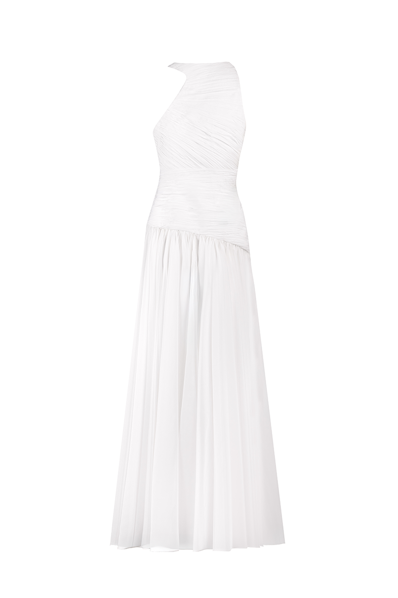 ASYMMETRICAL LOW WAISTLINE GOWN IN WHITE