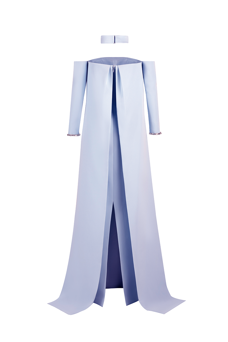 STRAPLESS CREPE TUBE DRESS IN BABY BLUE