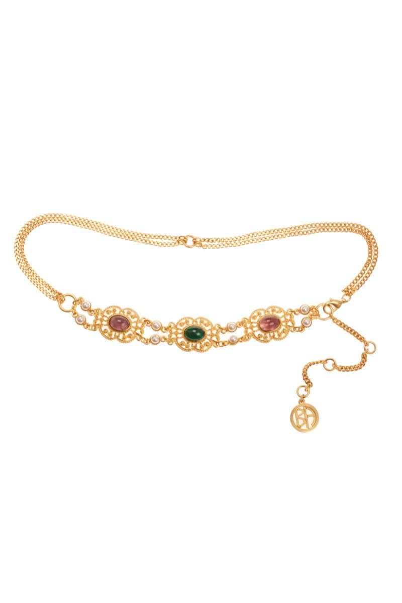 GOLD CHAIN BELT WITH EMERALD AMETHYST AND PERALS