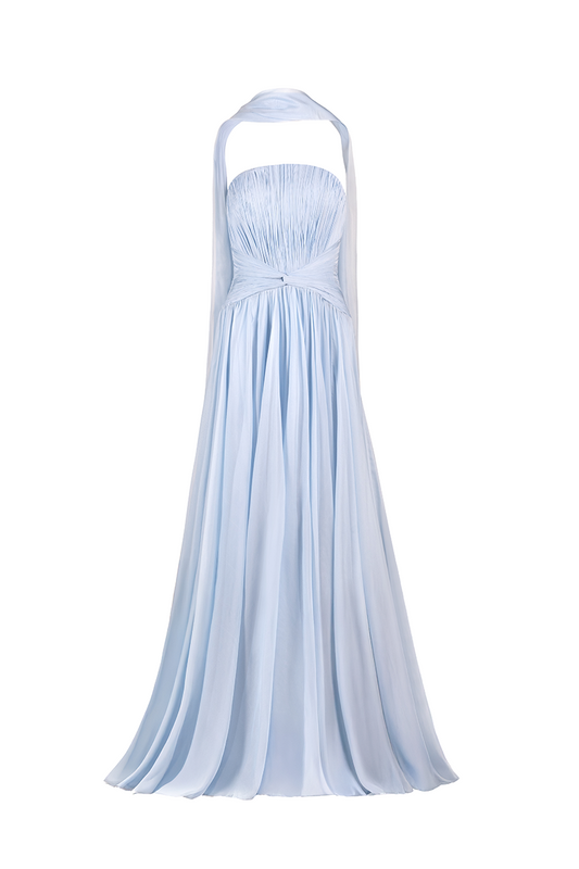 STRAPLESS GOWN WITH SCARF IN BABY BLUE