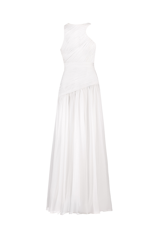 ASYMMETRICAL LOW WAISTLINE GOWN IN WHITE