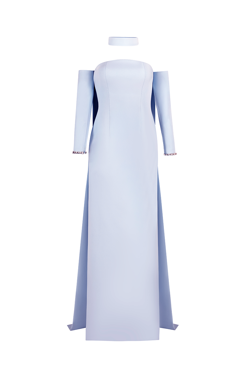 STRAPLESS CREPE TUBE DRESS IN BABY BLUE